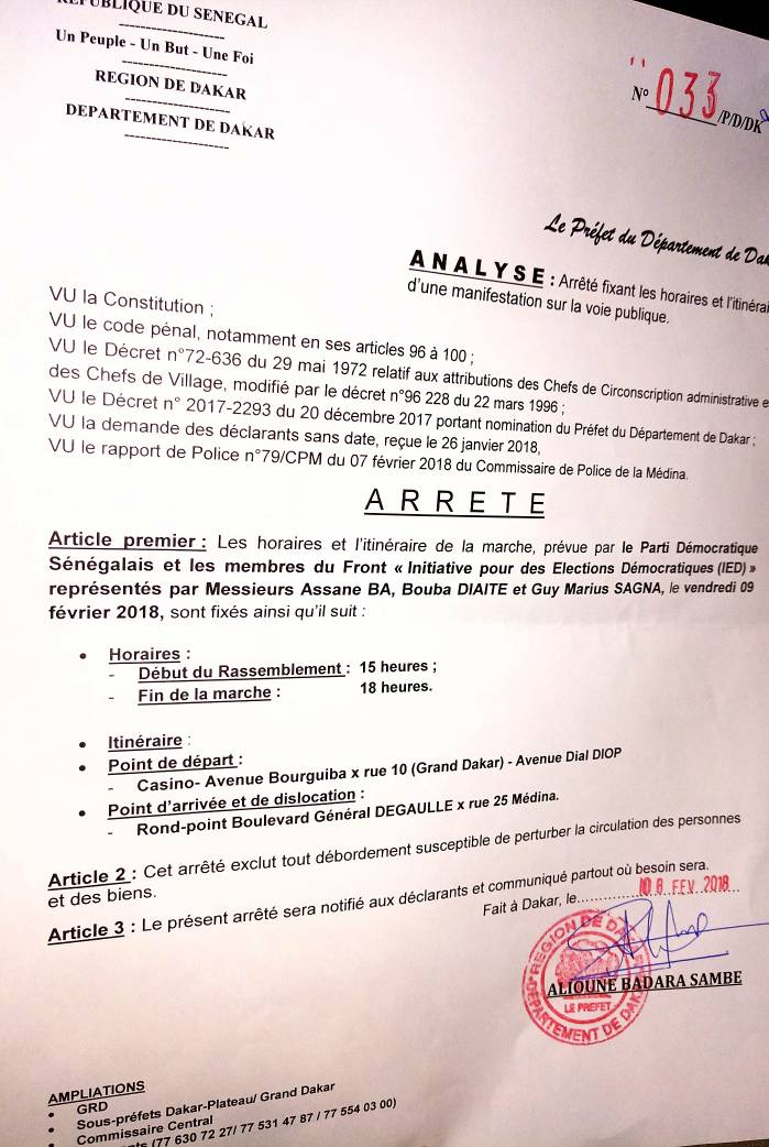 Voici l'itinéraire et les horaires de la grande marche de l'opposition ce vendredi 09 février 2018 à partir de 15 heures (DOCUMENT)