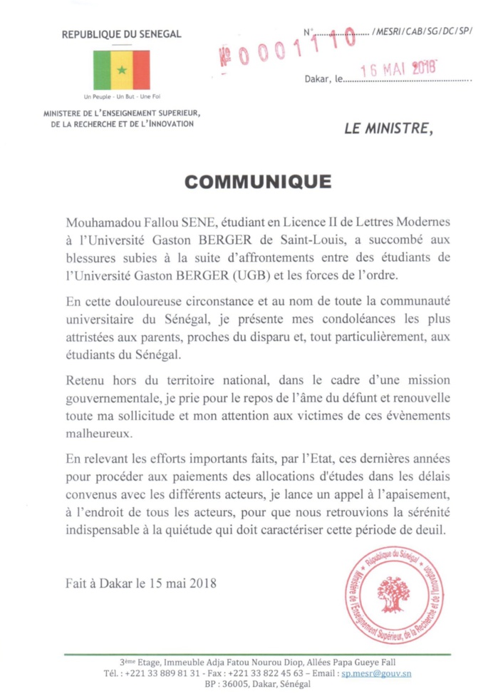 MORT DE FALLOU SÈNE : Le ministre de l’Enseignement Supérieur Mary Teuw Niane présente ses condoléances et appelle à l’apaisement (DOCUMENT)