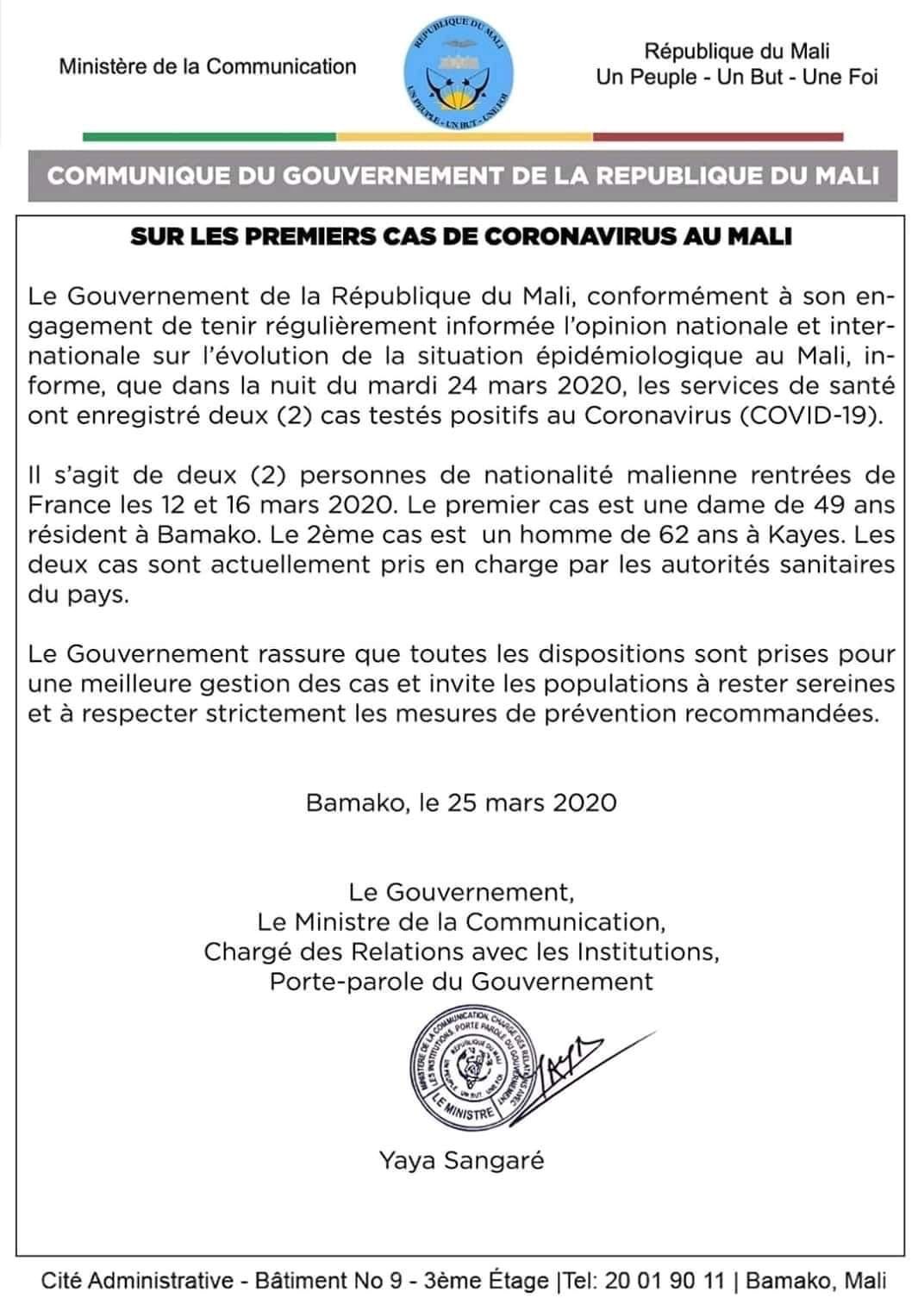 COVID-19 : Le Mali enregistre ses deux premiers cas. (DOCUMENT)