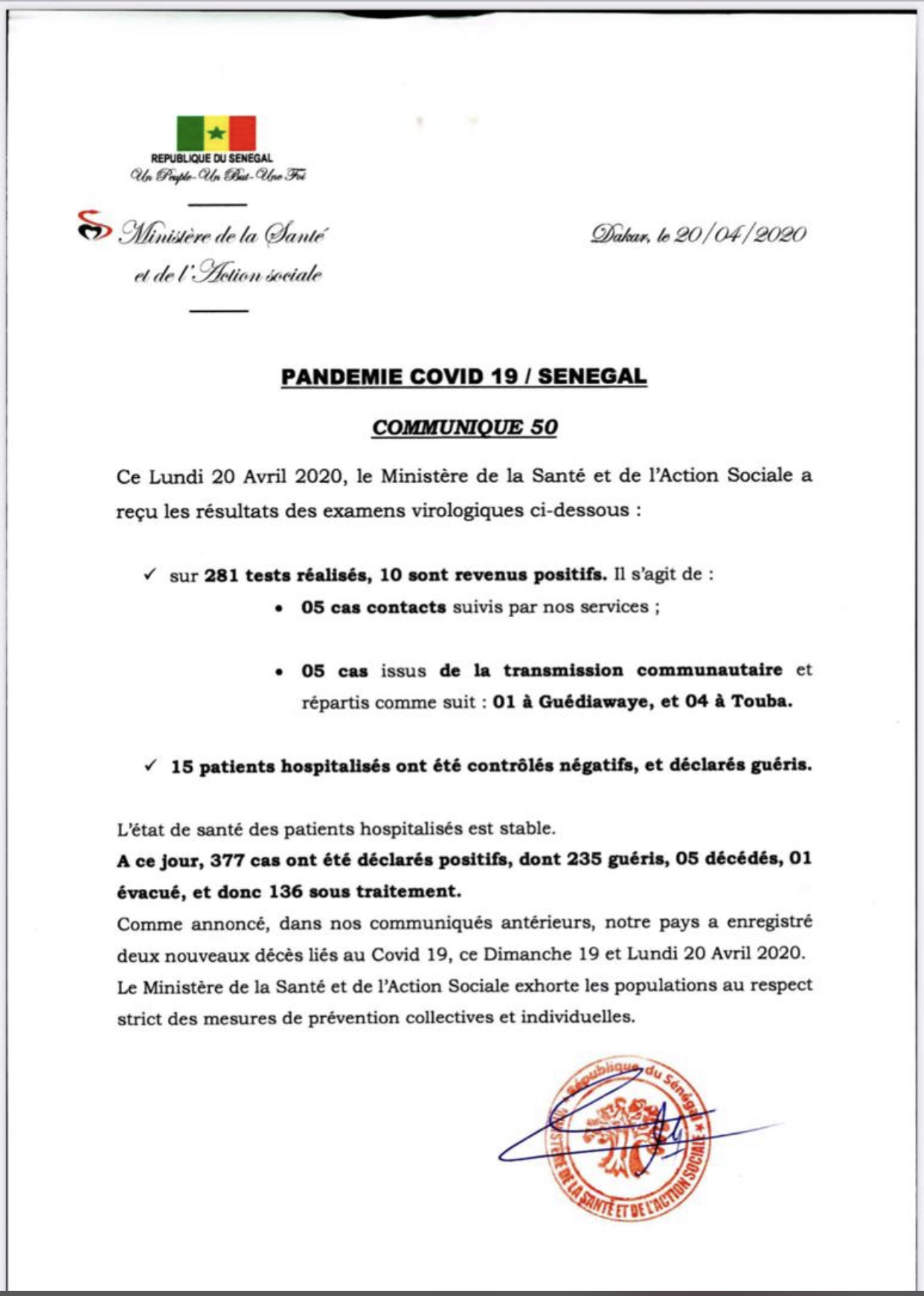 Institut Pasteur : 10 nouveaux cas testés positifs au coronavirus, 15 nouveaux guéris.