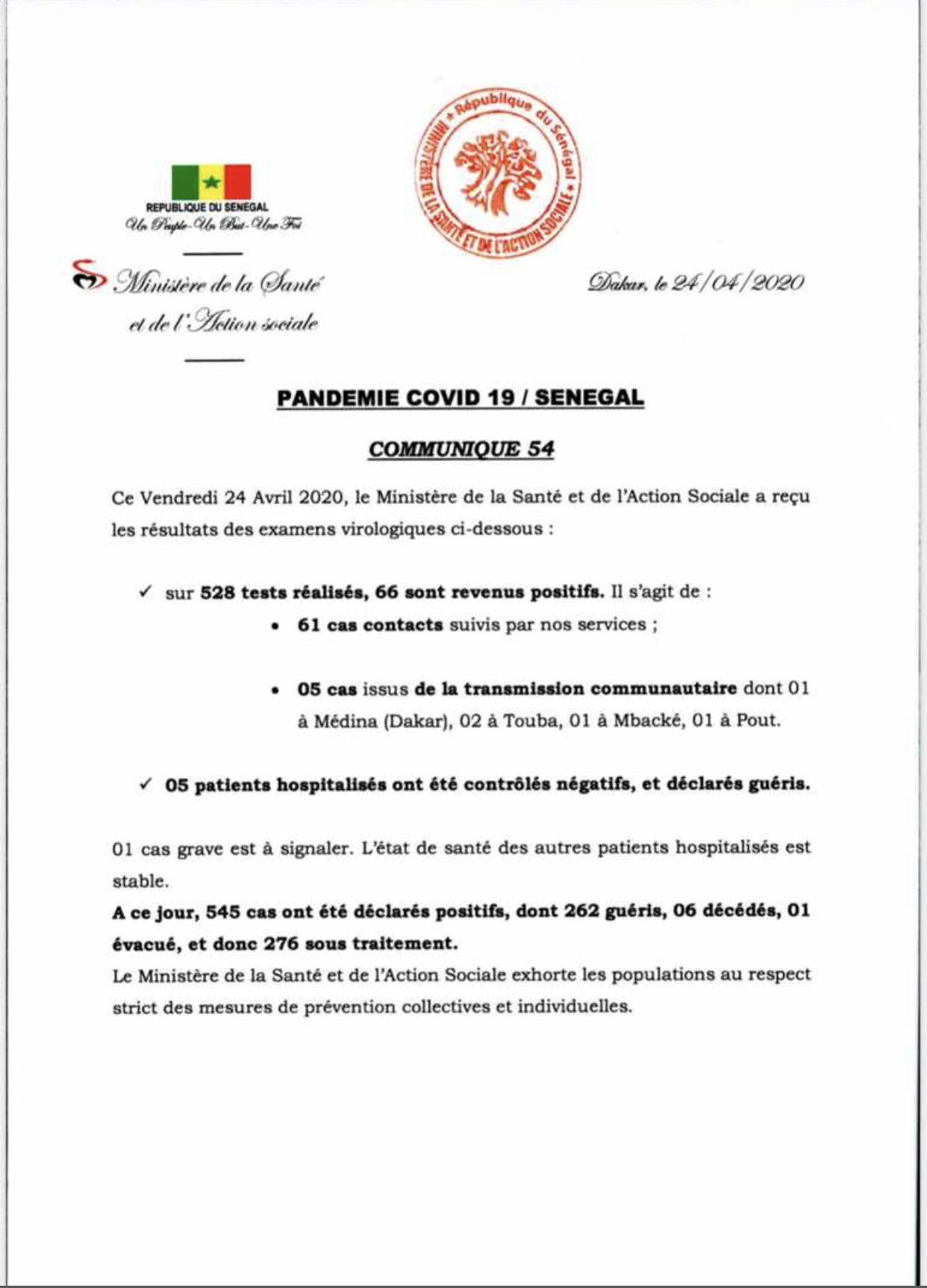 SÉNÉGAL : 66 nouveaux cas testés positifs au coronavirus, 5 nouveaux guéris et 1 cas grave en réanimation.