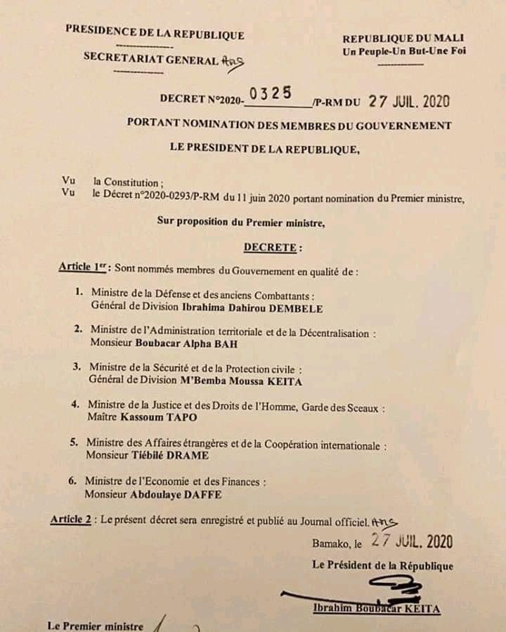 MALI IBK réaménage le Gouvernement et nomme 6 nouveaux ministres