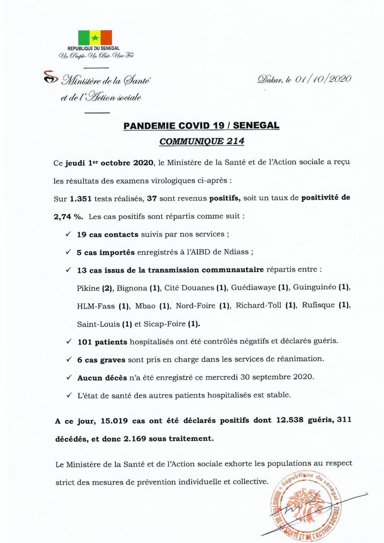 SÉNÉGAL : 37 nouveaux cas testés positifs au coronavirus, 101 nouveaux guéris, aucun nouveau décès et 6 cas graves en réanimation.