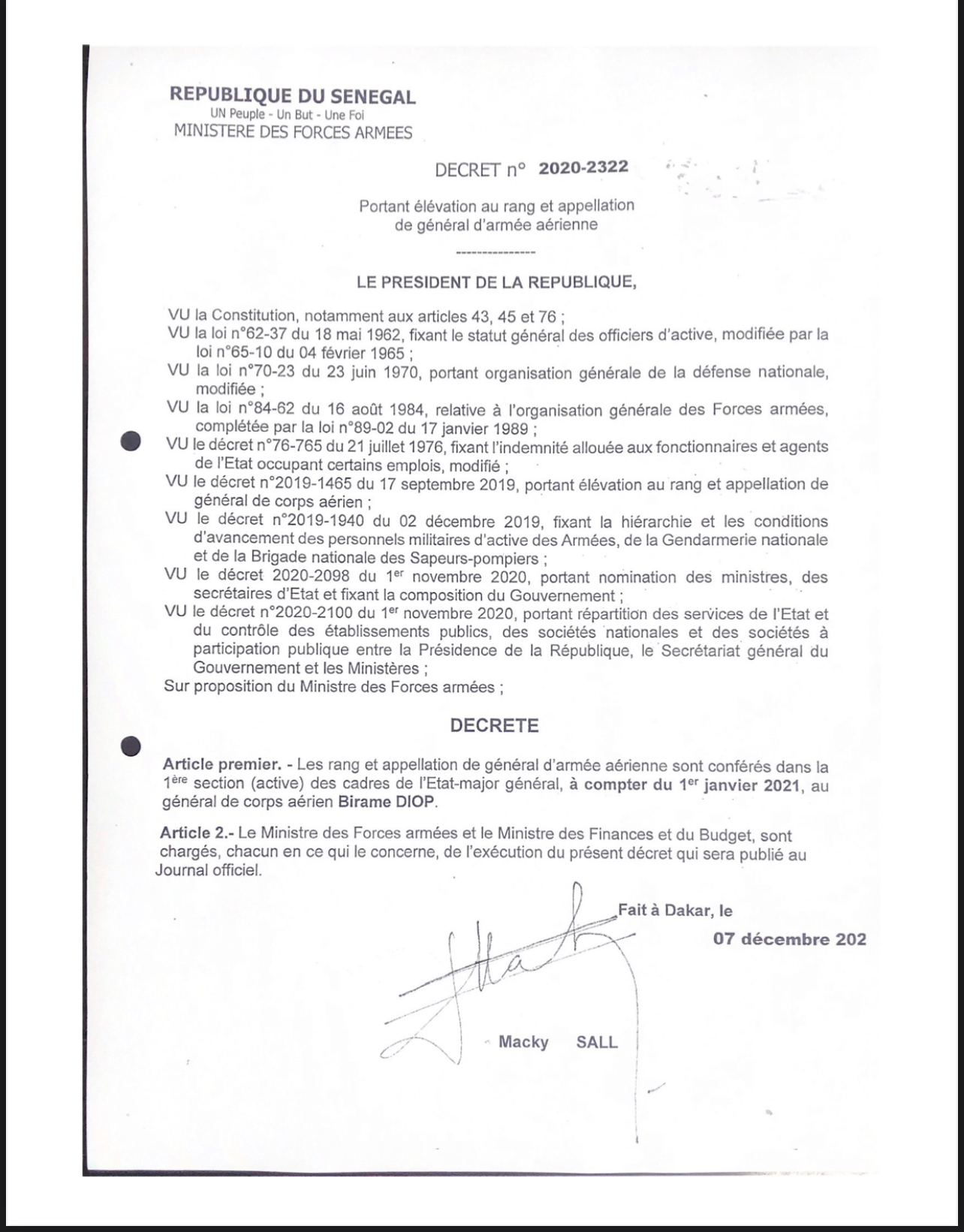 Armée aérienne sénégalaise : Le Général Birame Diop promu. (DÉCRET)