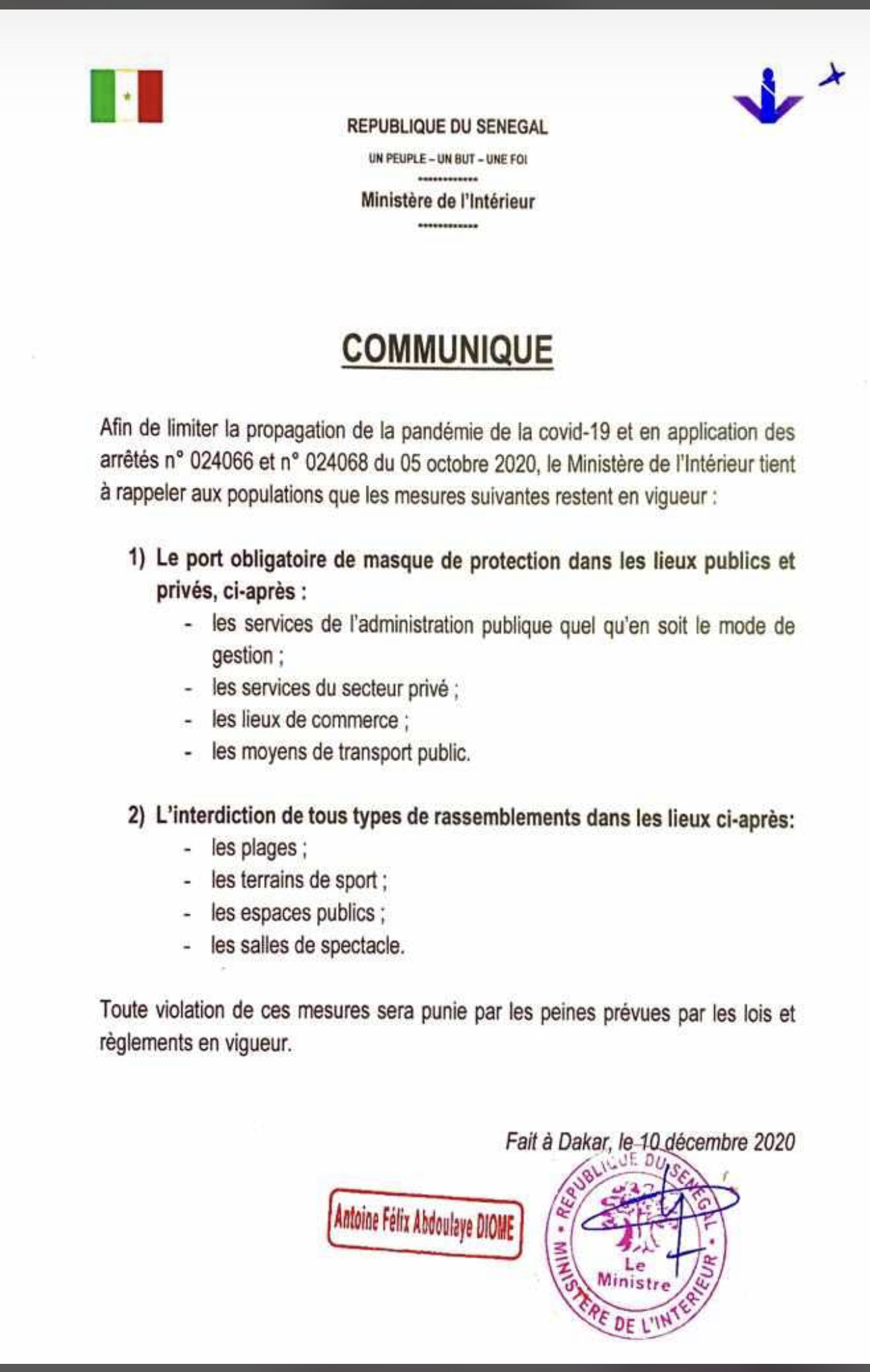 Lutte contre la Covid-19 : Les nouvelles mesures prises par le ministre de l’intérieur (DOCUMENT)