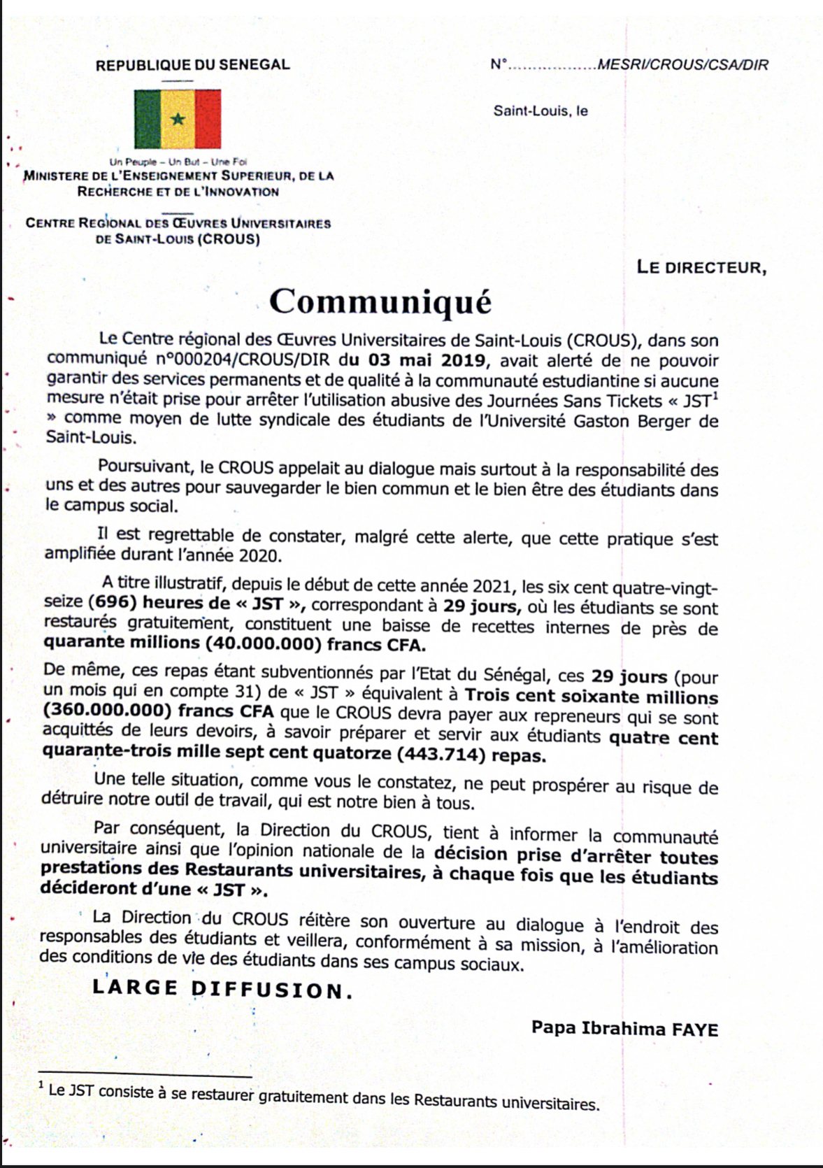 UGB-Saint-Louis : « Les journées sans ticket ont occasionné 40 millions de baisse des recettes interne » (Pape Ibrahima Faye) 