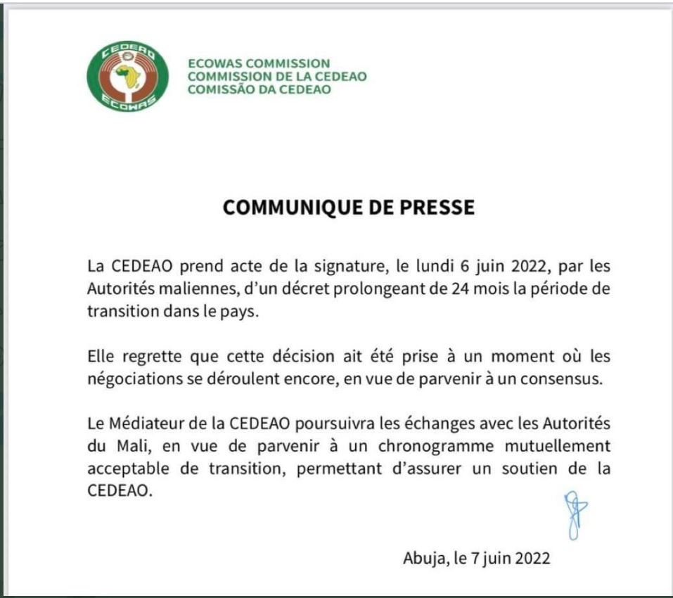 Prorogation de la durée de la transition en 2024 au Mali la CEDEAO