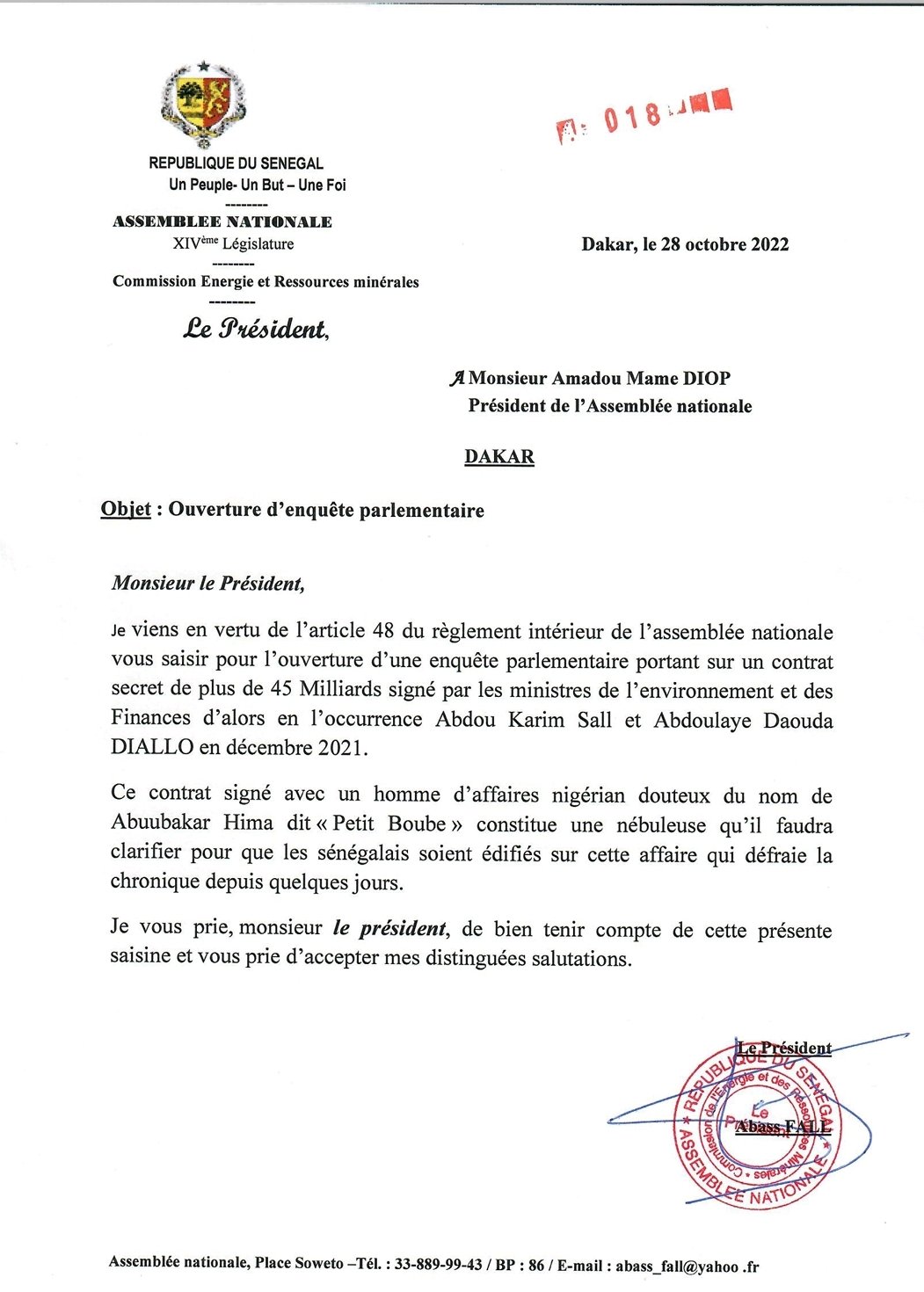 Contrat d'armement : la commission énergie et ressources minérales demande l'ouverture d'une enquête parlementaire.