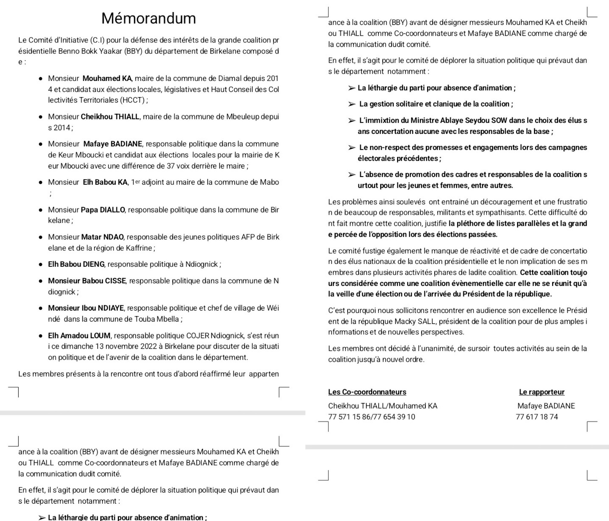 Birkelane : Les membres du comité pour la défense des intérêts de Bby décident de surseoir à toute activité au sein de cette coalition.