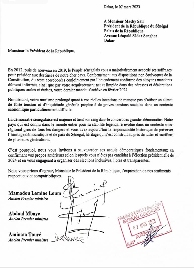 Violences politiques: Mamadou Lamine Loum, Abdoul Mbaye et Aminata Touré écrivent au président Macky Sall et l'invitent à confirmer sa non participation à la présidentielle de 2024.