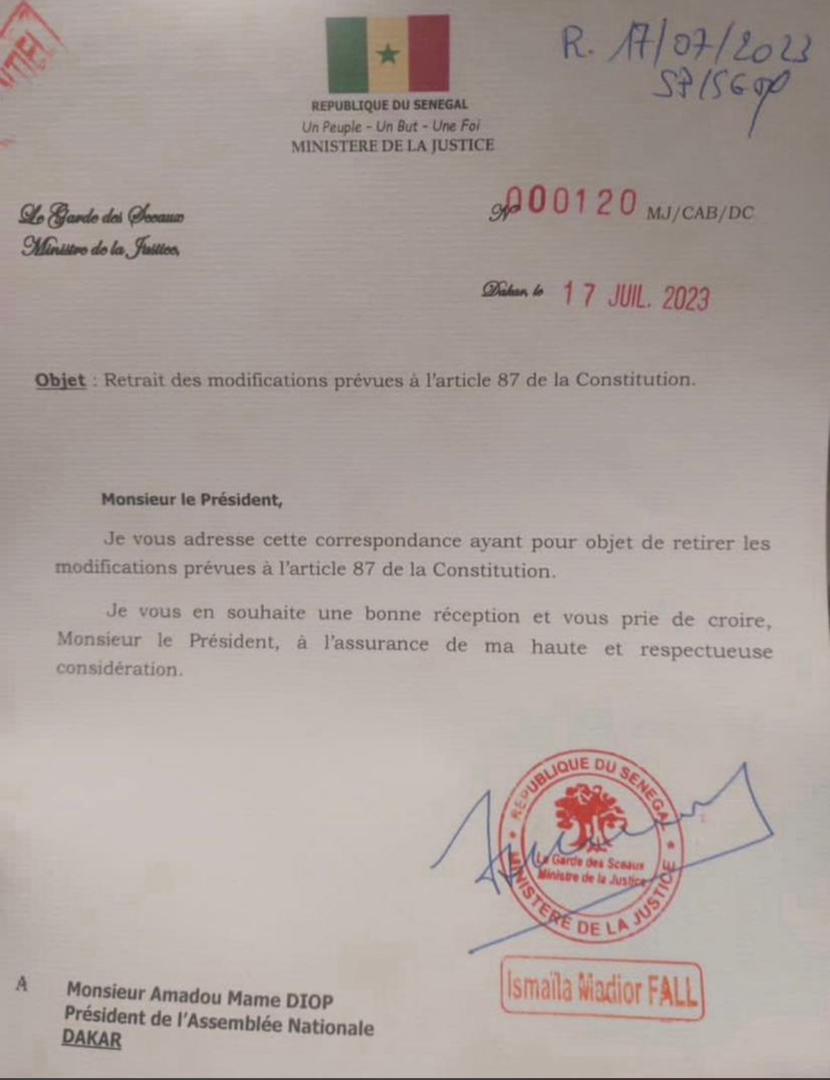 Modifications à l’article 87 de la constitution : La note du ministre de la justice au président de l’Assemblée nationale pour retirer le projet