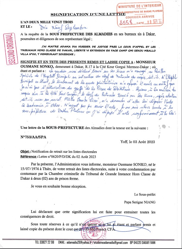 [DOCUMENT] Le sous-préfet des Almadies «retire» Ousmane Sonko des listes électorales