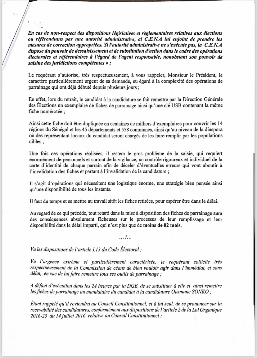 Réintégration de Ousmane Sonko : les avocats de l’opposant saisissent la CENA pour dessaisir la DGE.