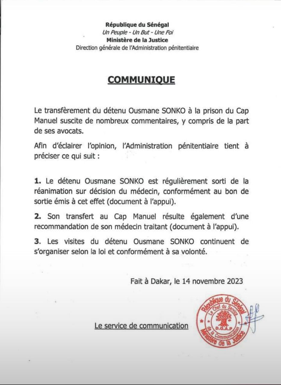 Transfèrement de Ousmane Sonko au Cap Manuel: « Une recommandation de son médecin traitant » (Administration pénitentiaire)