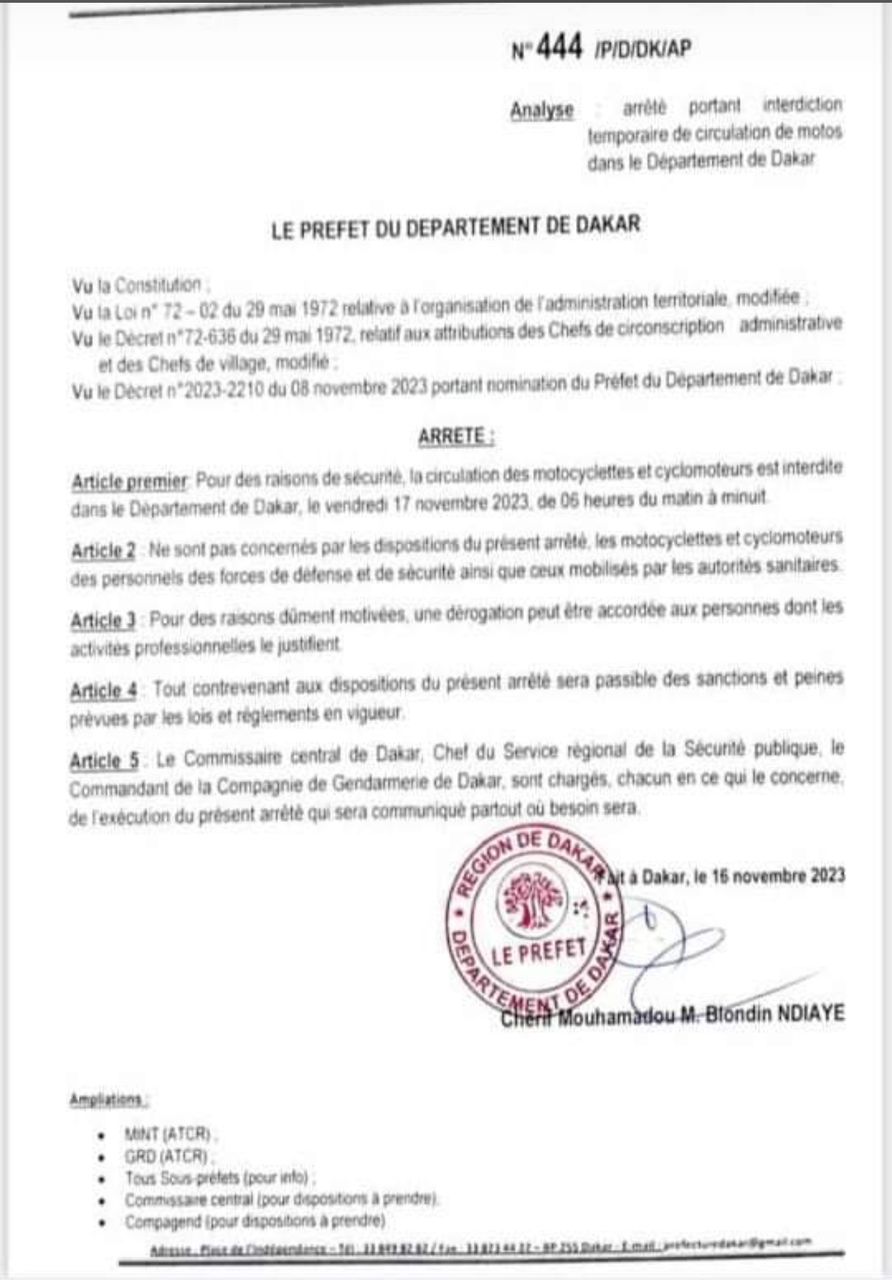 Dakar: Interdiction temporaire de circulation des motocyclettes et cyclomoteurs ce vendredi (Préfet)