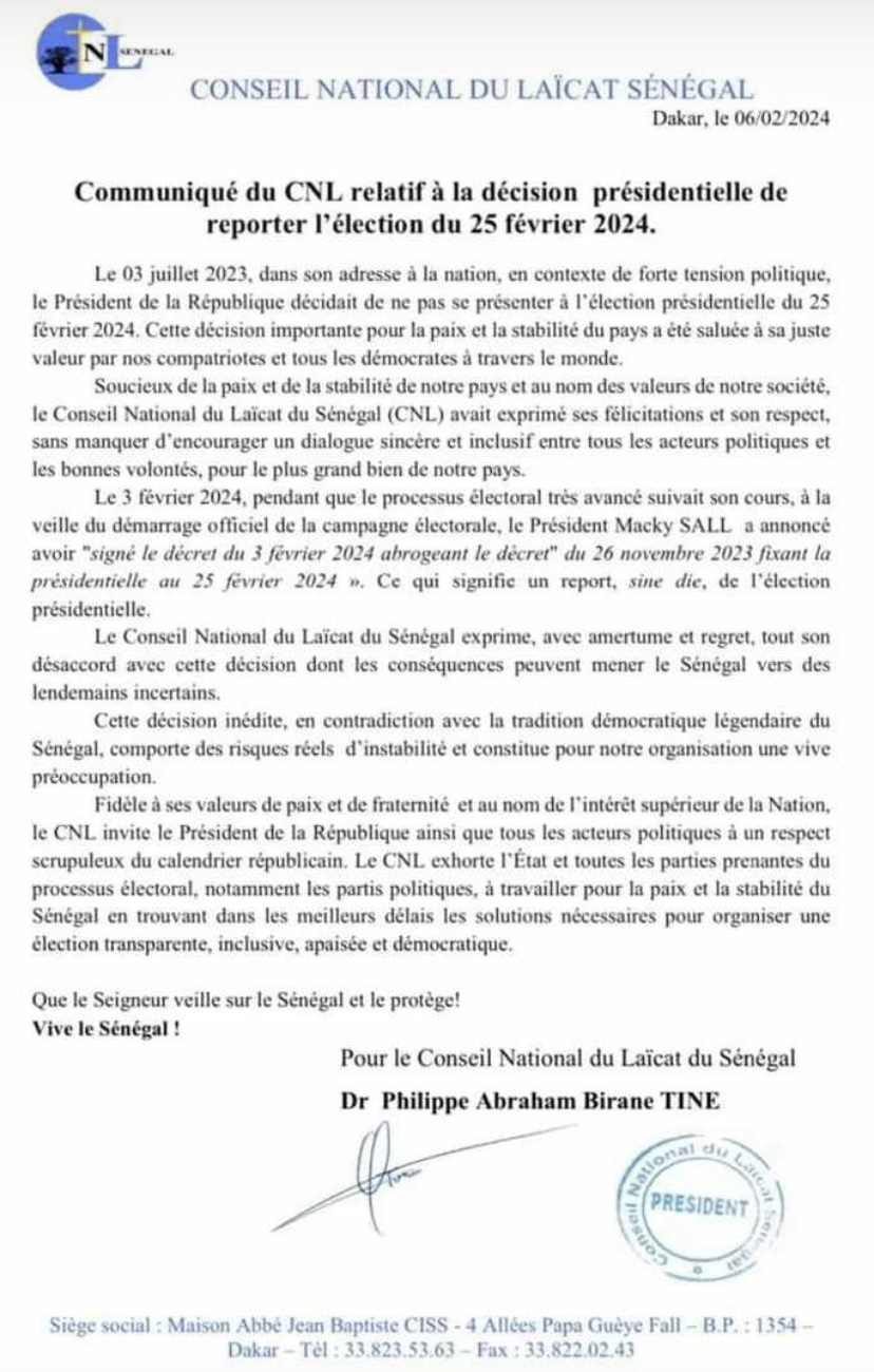 Report de la présidentielle: le Conseil National du Laïcat invite au respect scrupuleux du calendrier républicain.