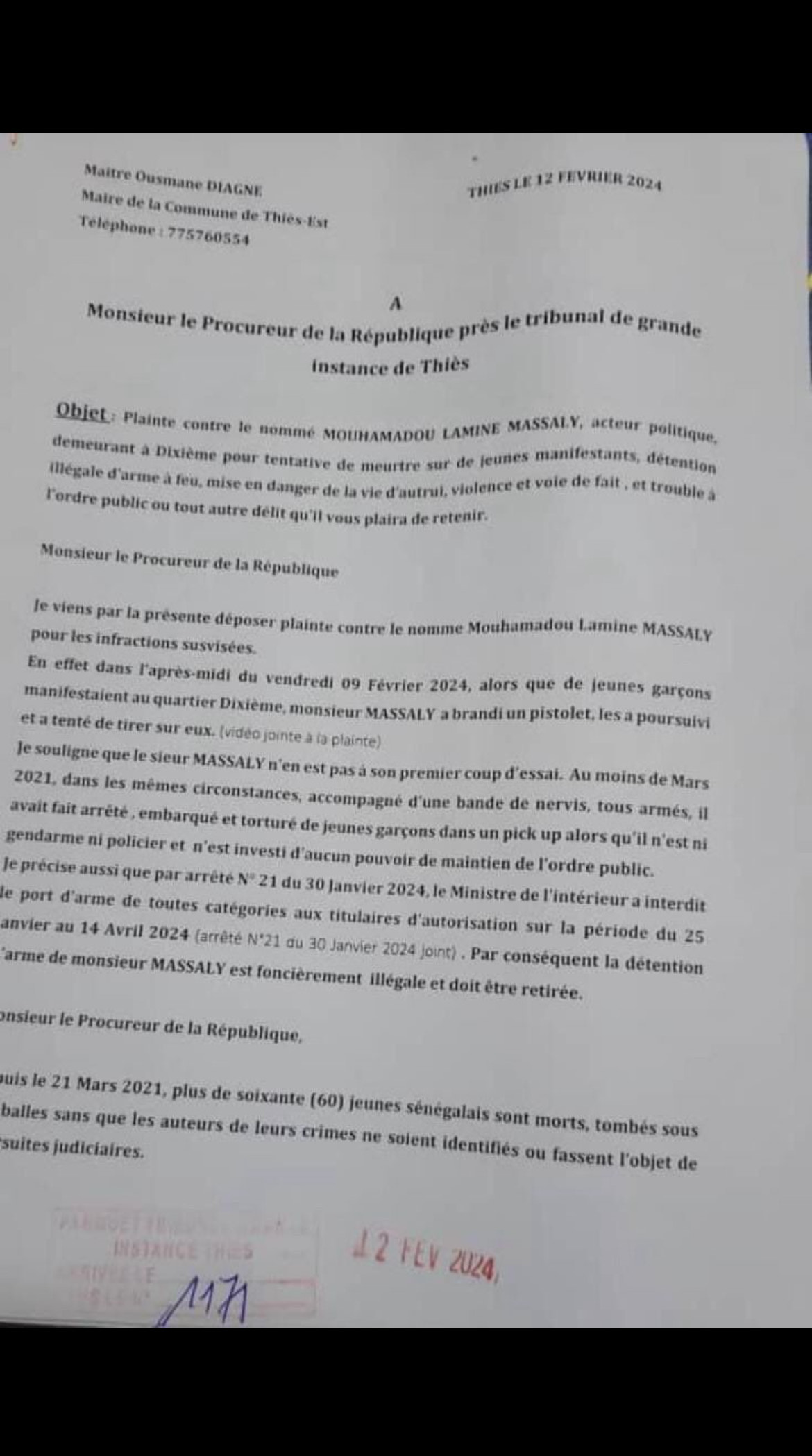 Thies : Une plainte a été déposée contre Mamadou Lamine Massaly pour tentative de meurtre avec une arme à feu