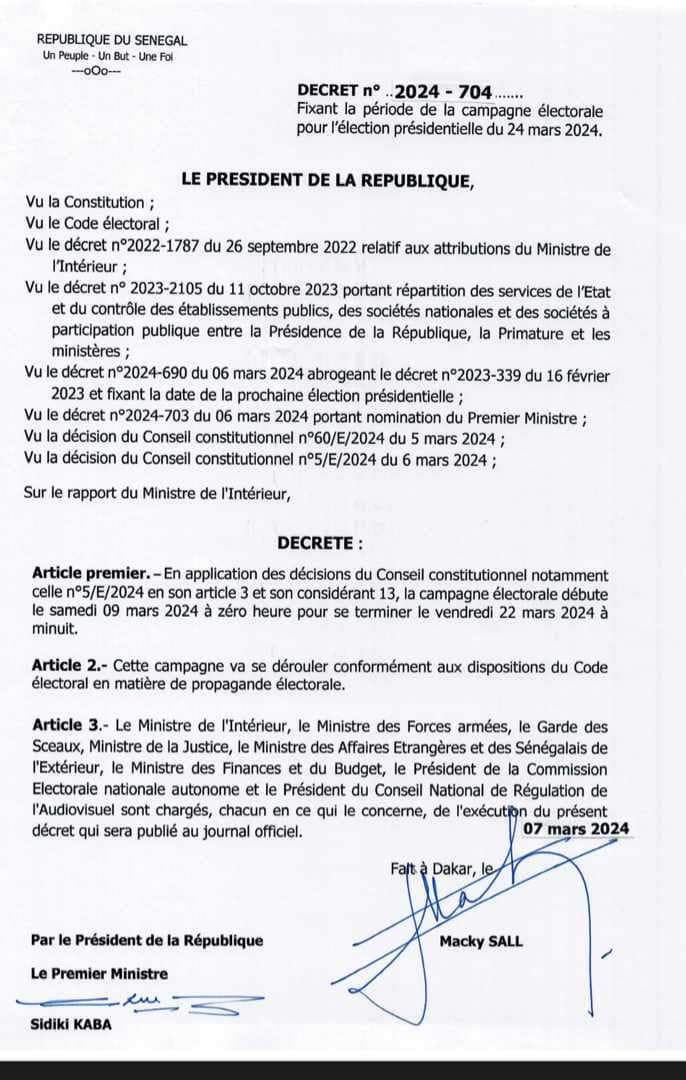 Élection présidentielle : Le président Macky Sall fixe par décret, la période de la campagne électorale pour l'élection du 24 mars 2024.