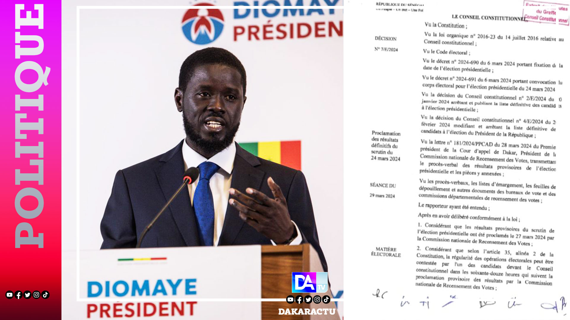 Scrutin du 24 mars 2024: Le Conseil constitutionnel confirme Bassirou Diomaye Faye, 5e président de la République du Sénégal 