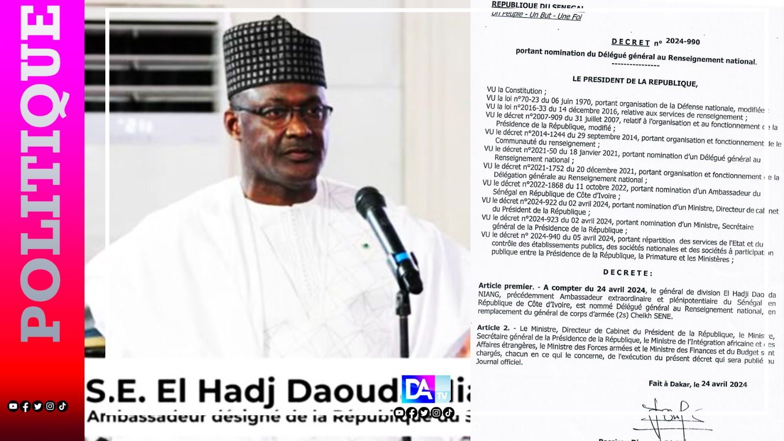 Direction Générale au Renseignement National (DGRN) : El Hadj Daouda Niang nommé