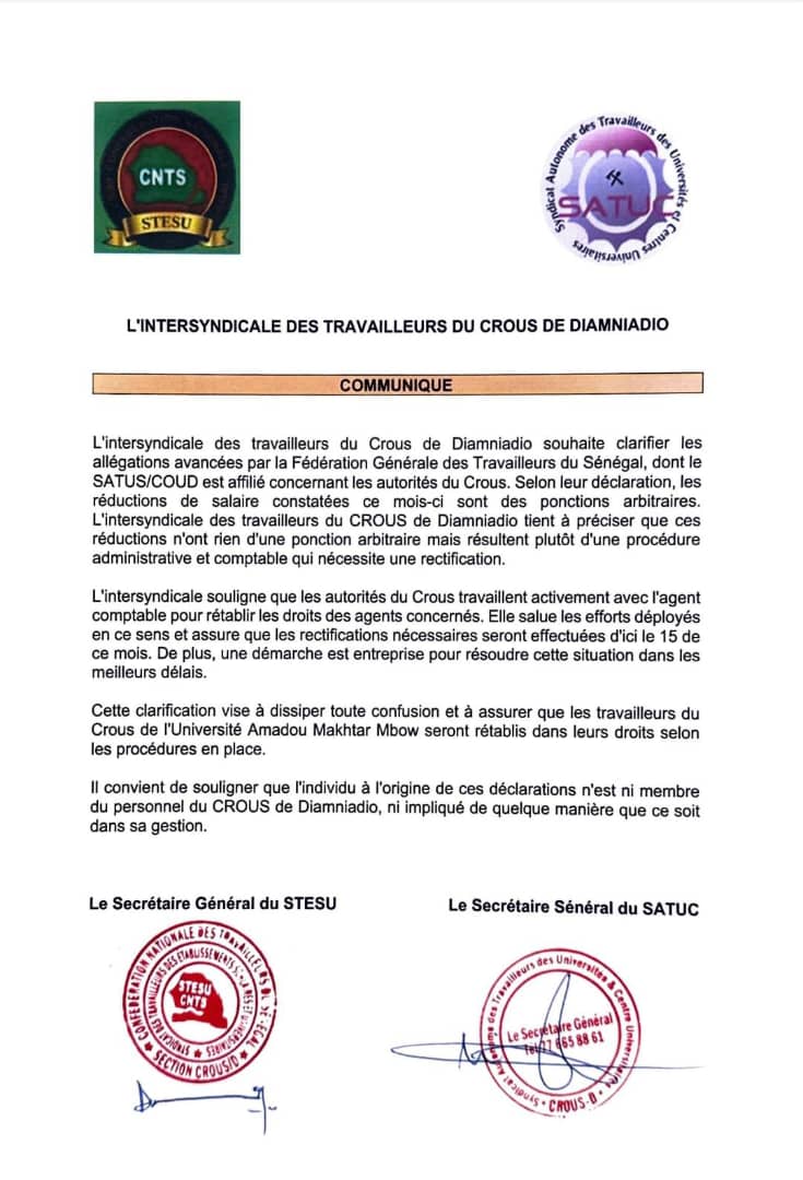 Ponction de salaire des agents du Crous de l'Université de Diamniadio : les précisions de l'intersyndicale