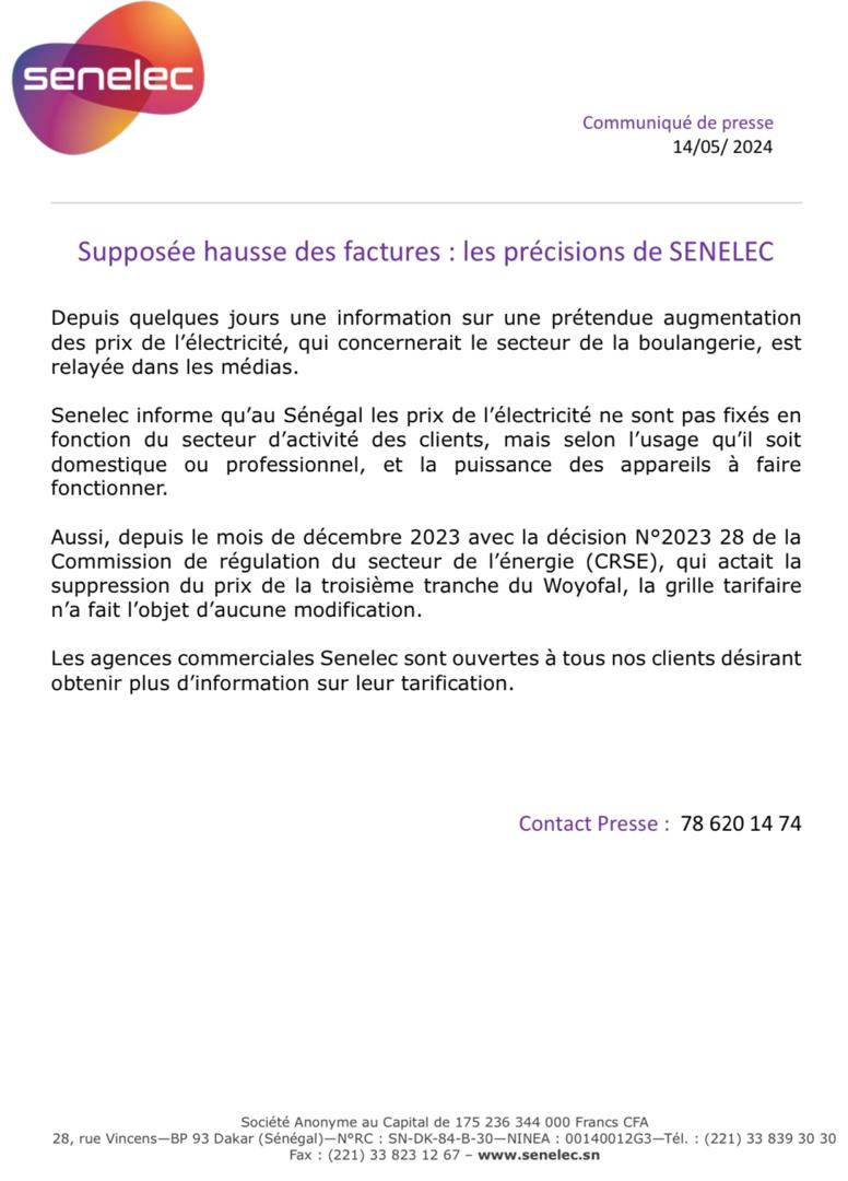 Supposée hausse des factures d’électricité  : Les  précisions de la SENELEC