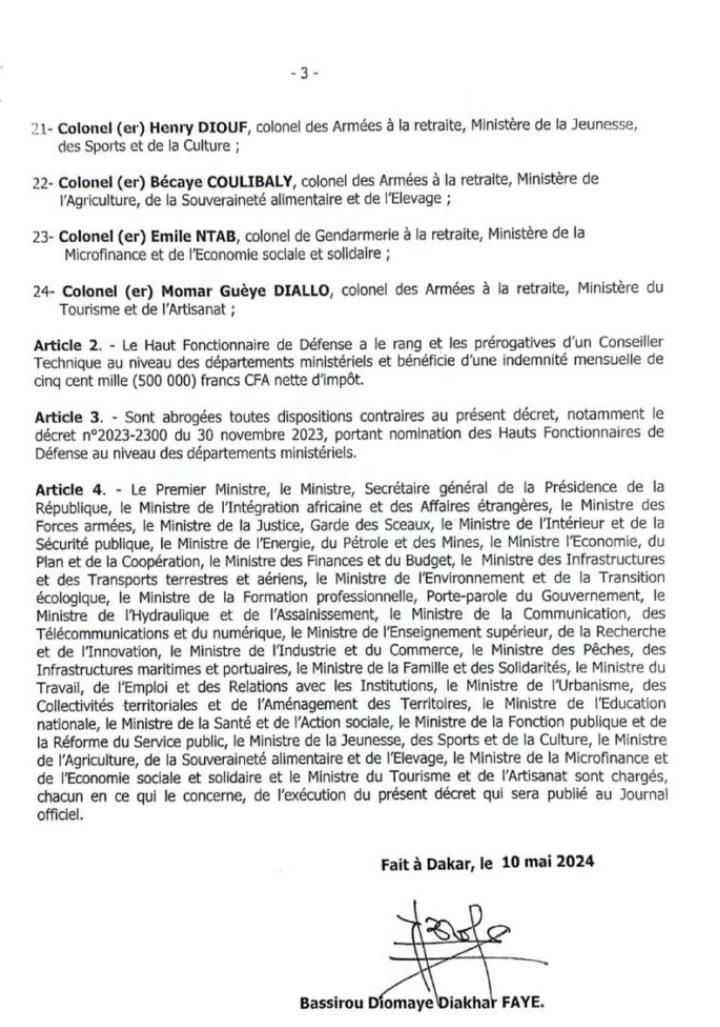 Défense : Le président Diomaye abroge le décret n°2023-2300 du 30 novembre 2023 et signe celui du n° 2024-1029