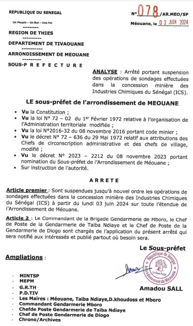 Méouane / Thiès : le sous-préfet suspend les opérations de sondage effectuées dans la concession minière des Industries Chimiques du Sénégal (ICS)