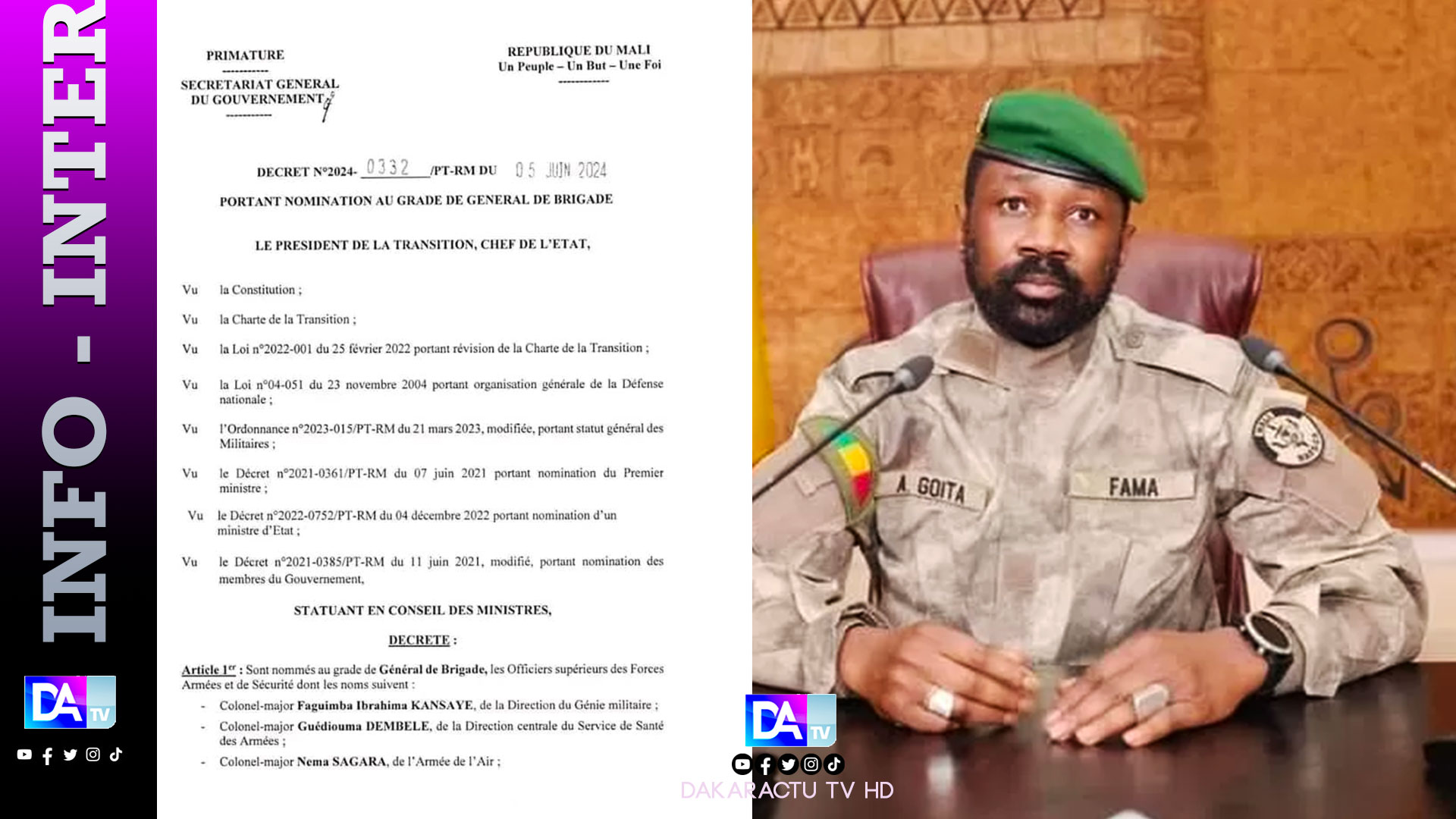 Mali: 20 colonels de l’armée promus au grade de général de brigade par le président de la tansition colonel Assimi Goïta