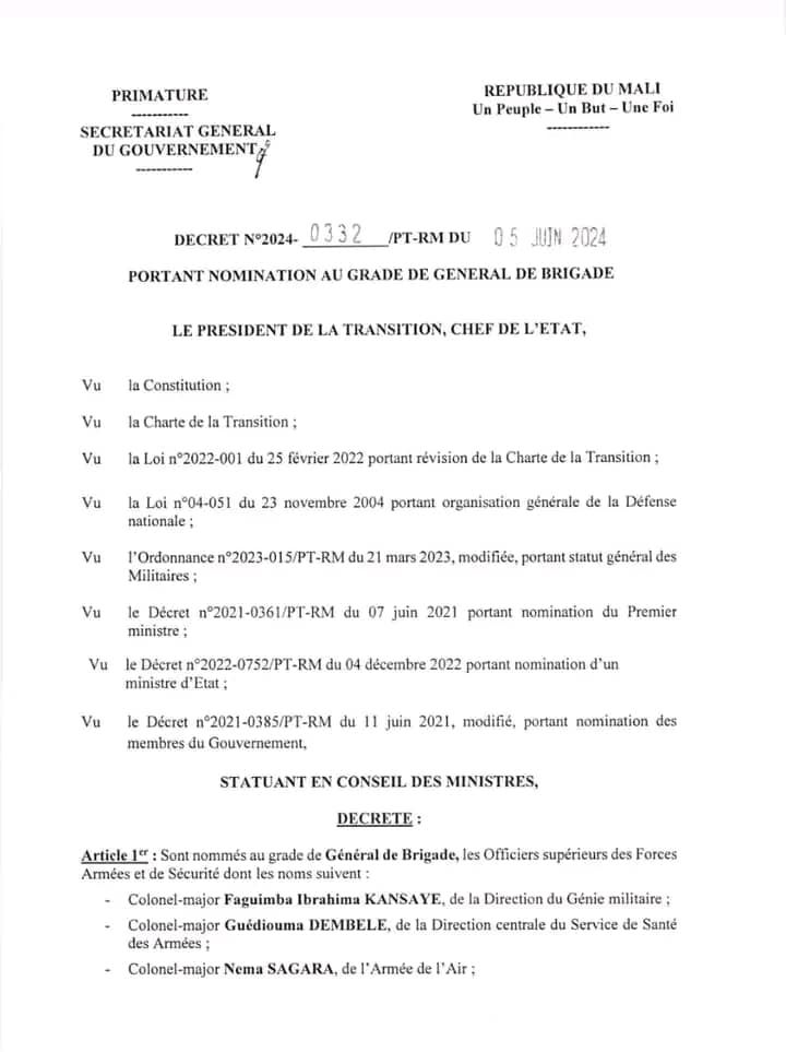 Mali: 20 colonels de l’armée promus au grade de général de brigade par le président de la tansition colonel Assimi Goïta