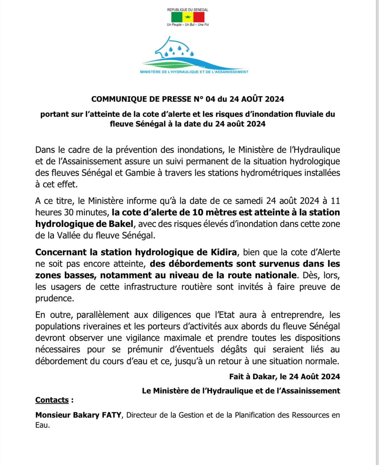 Débordement du fleuve à Kidira : Le ministère de l’Hydraulique et de l’Assainissement appelle à la vigilance maximale