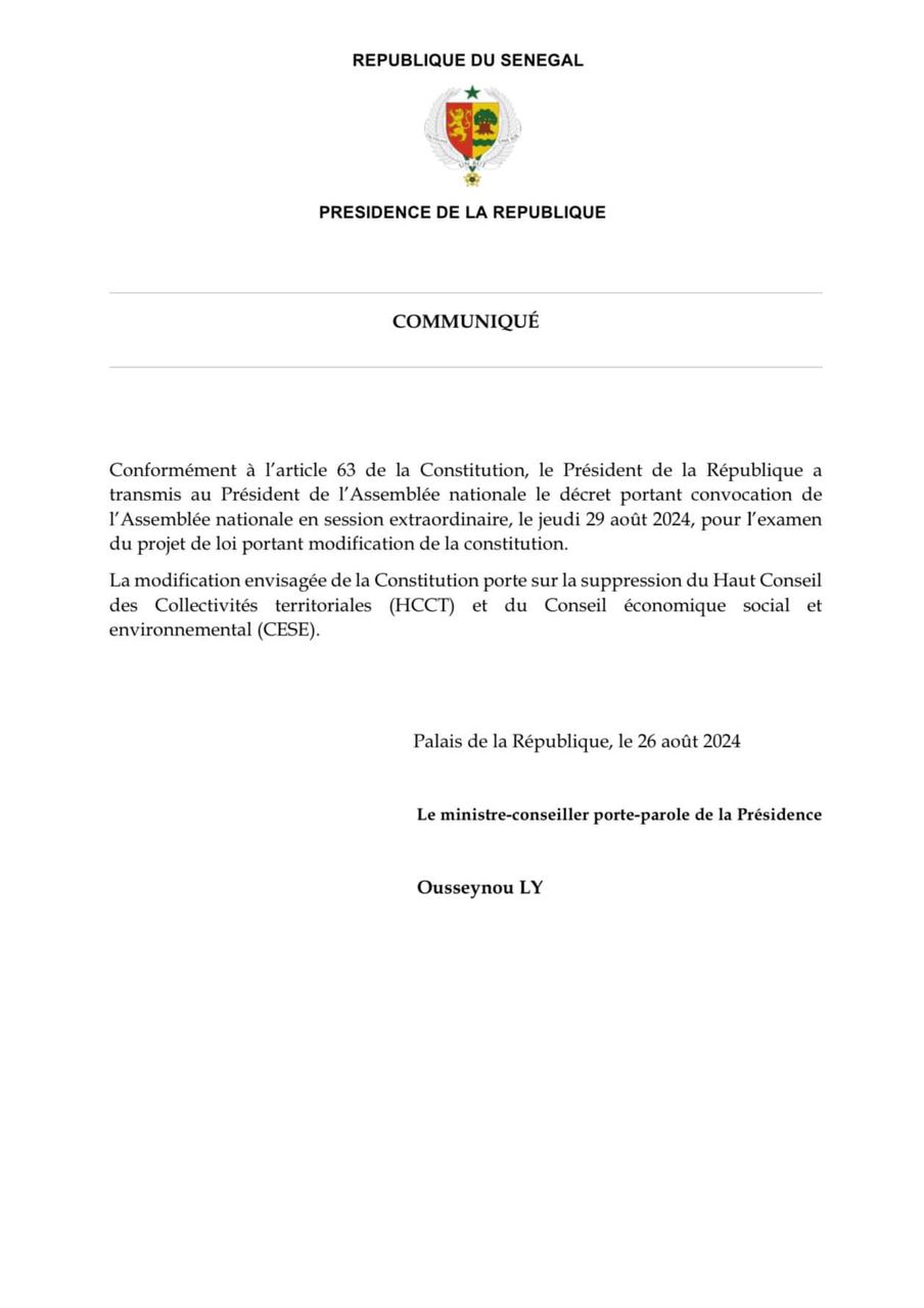 Suppression du CESE et du HCCT : Le PR saisit l’assemblée nationale pour un projet de loi portant modification de la constitution