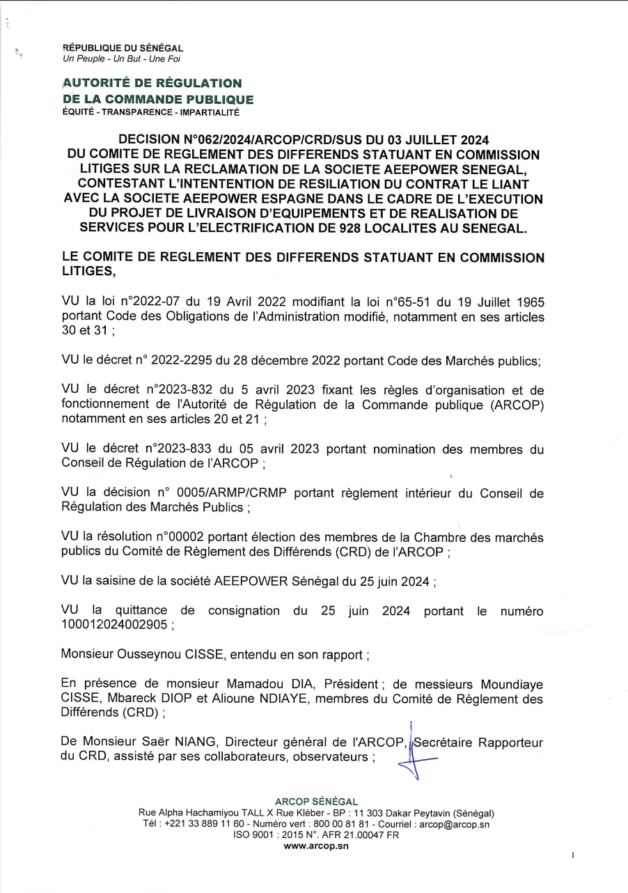 Quand l'Aser saccage une décision de l'Arcop et écarte une société sénégalaise pour une entreprise espagnole