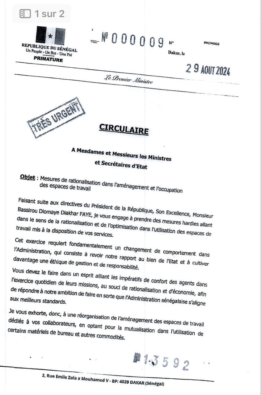 Aménagement et occupation des espaces de travail : Les nouvelles directives du PM Ousmane Sonko à l’administration