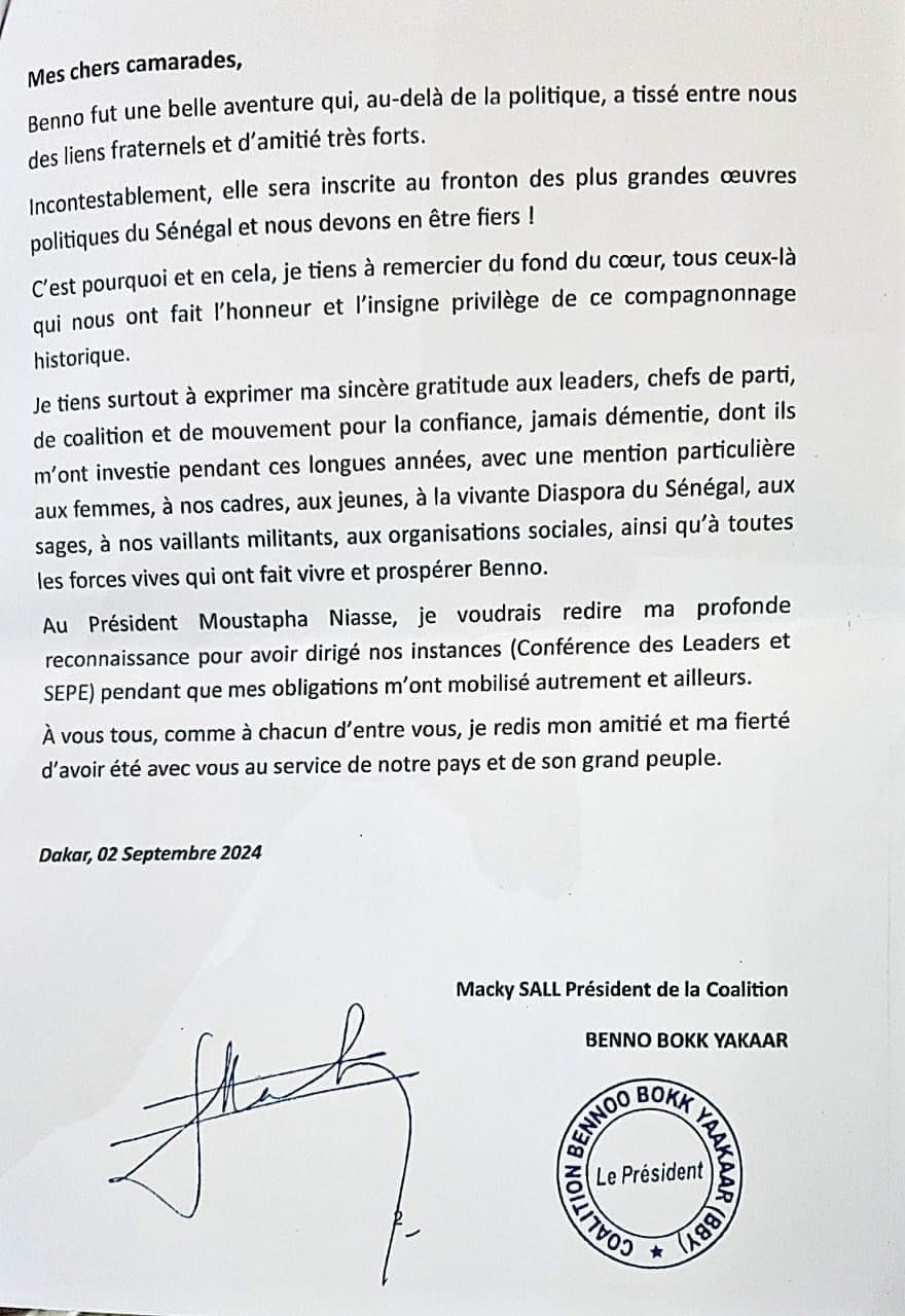 Politique/ Macky Sall à ses camarades de Benno Bokk Yaakaar: " Benno fut une belle aventure...Il faudra inventer un cadre plus approprié, adapté".