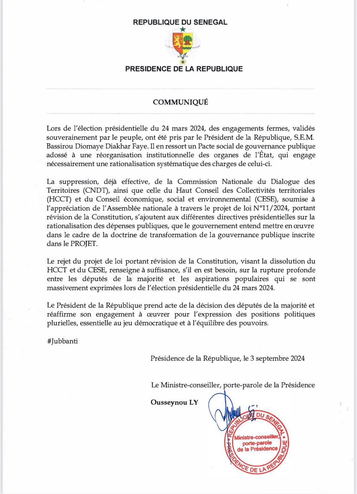 Rejet du projet de loi sur la suppression du Cese et du Hcct: l’exécutif évoque « une rupture profonde entre les députés de la majorité et les aspirations populaires »