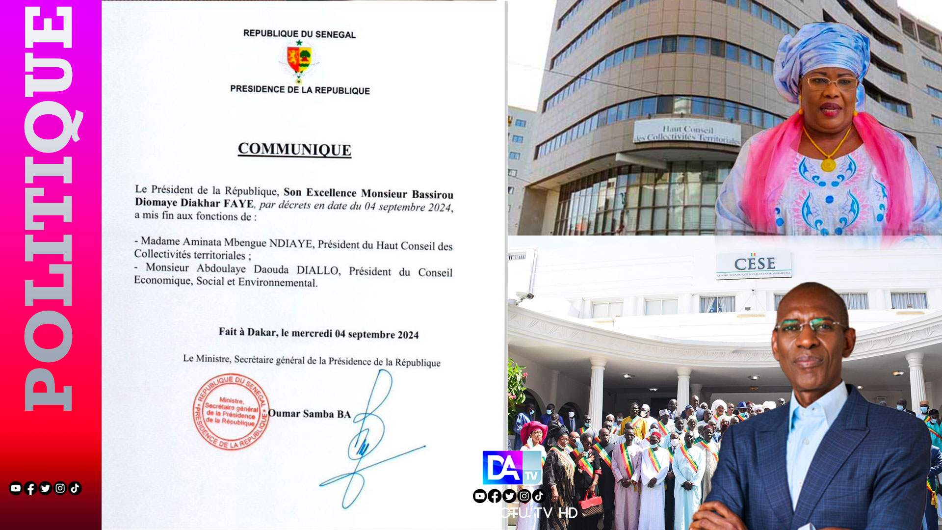 HCCT et CESE: Le président Bassirou Diomaye Faye limoge Abdoulaye Daouda Diallo et Aminata Mbengue Ndiaye (Document)