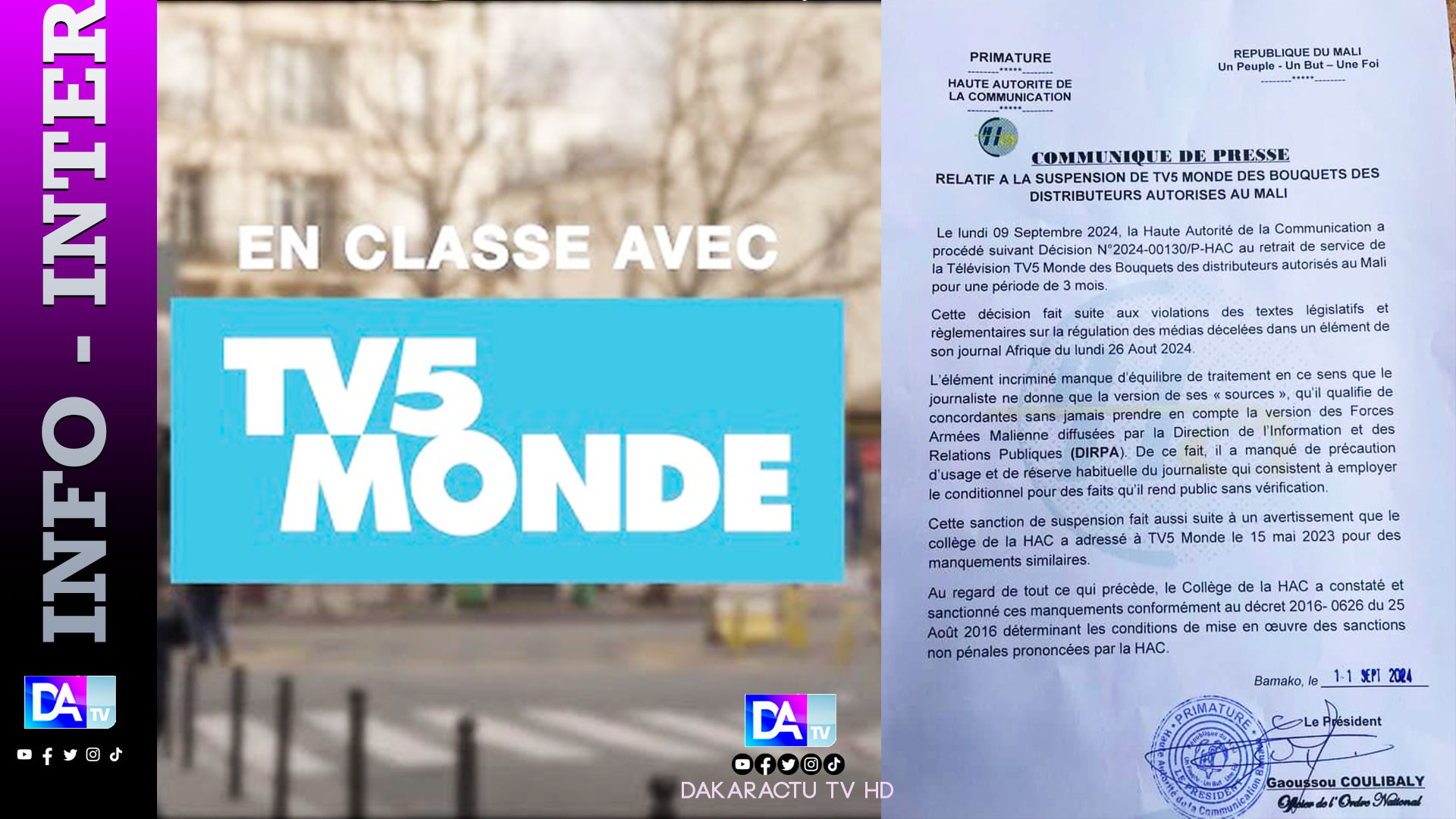 Mali : Les autorités procèdent à la suspension de TV5 Monde dans les bouquets de distributeurs autorisés...