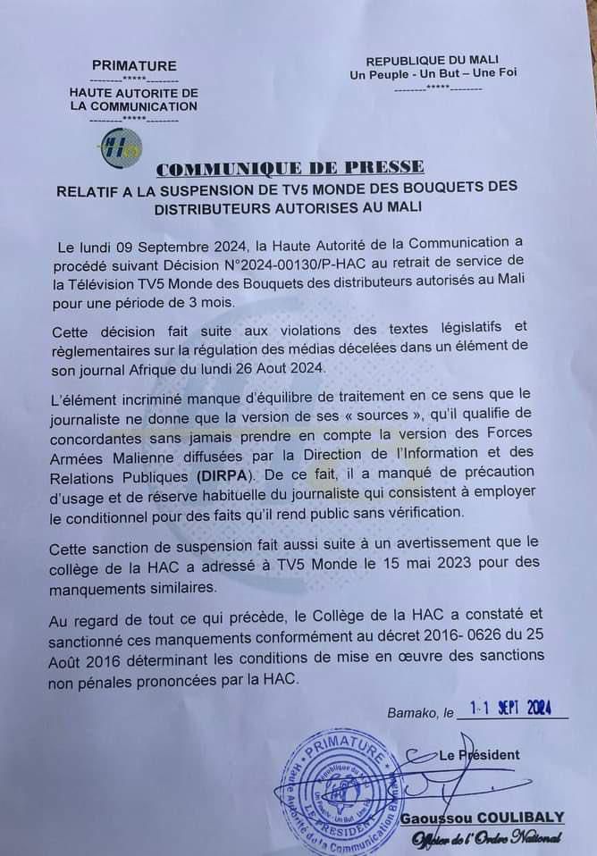 Mali : Les autorités procèdent à la suspension de TV5 Monde dans les bouquets de distributeurs autorisés...