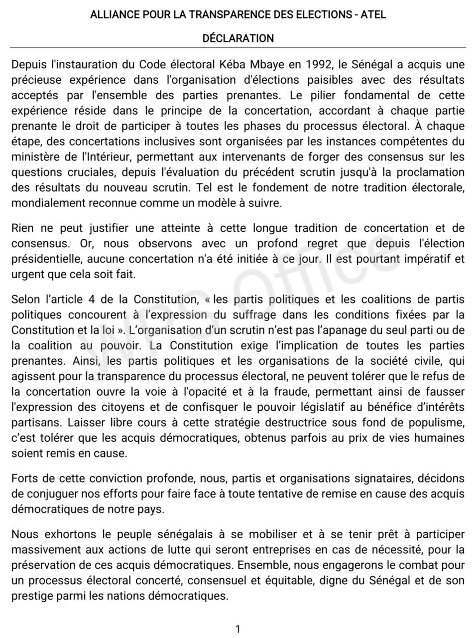 Pour un processus électoral concerté et équitable : L'Alliance pour la Transparence des élections met en garde le pouvoir en place contre toute démarche solitaire.