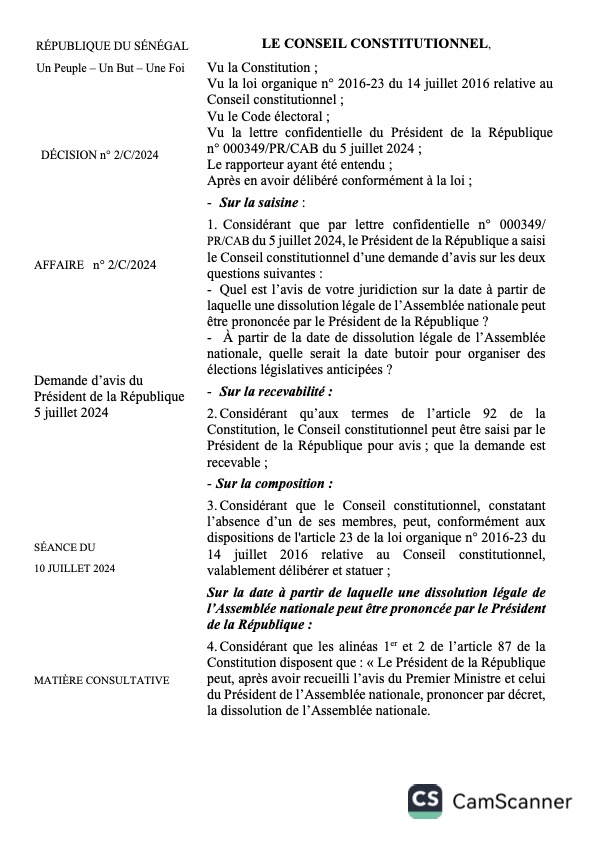 Voici l’intégralité de l’avis du CC suite à une saisine du PR Diomaye Faye sur les points suivants : La date de dissolution légale de l’AN et la date butoir pour organiser des législatives anticipées ?