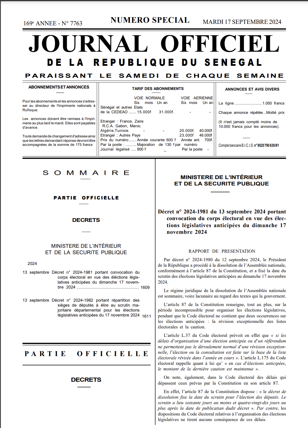 Législatives anticipées 2024 : Le président de la République publie le décret convoquant le corps électoral le 17 novembre prochain.