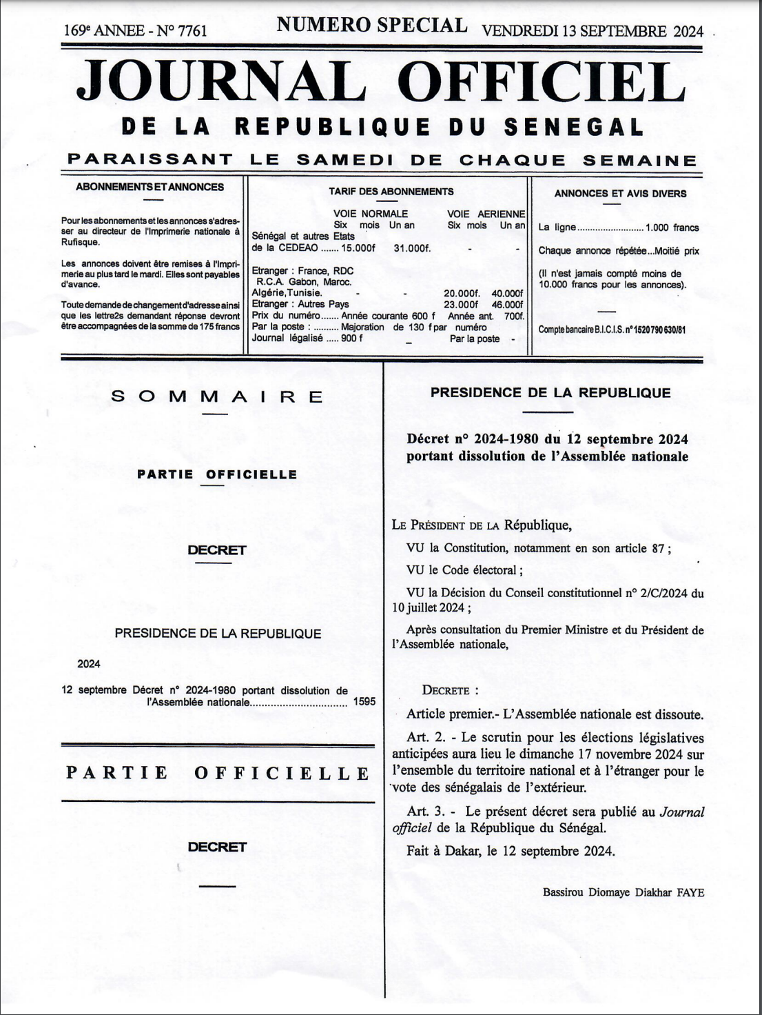 Dissolution de l'Assemblée Nationale : le décret signé par le PR BDF est rendu public…