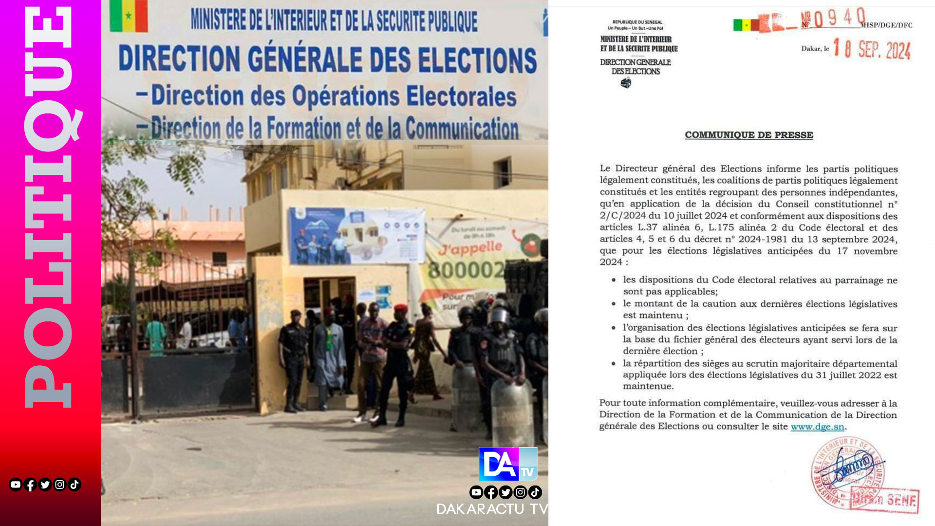 Scrutin législatif du 17 novembre : Les dispositions retenues, rappelées par la DGE aux partis et coalitions 