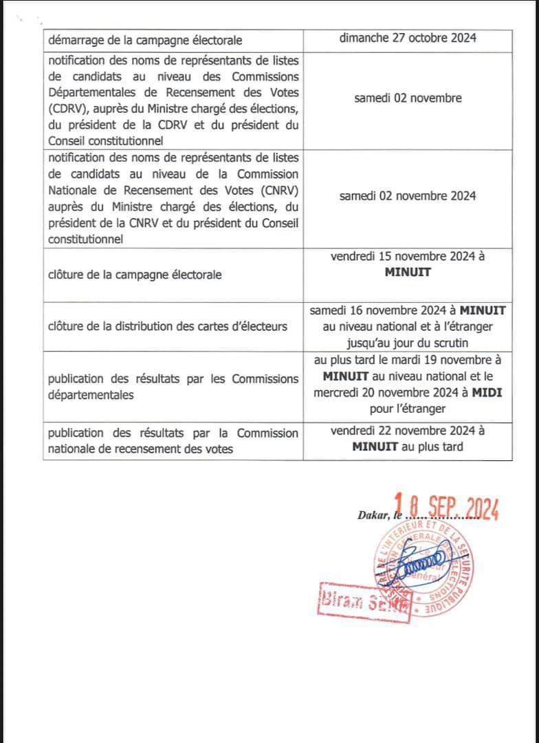 Sénégal-élections législatives anticipées du 17 novembre 2024 : voici la chronologie de certaines opérations électorales selon la DGE.