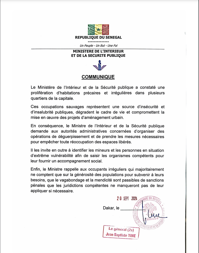 Dakar : le ministre de l’intérieur annonce une série de déguerpissements dans la capitale et prévient tout contrevenant.