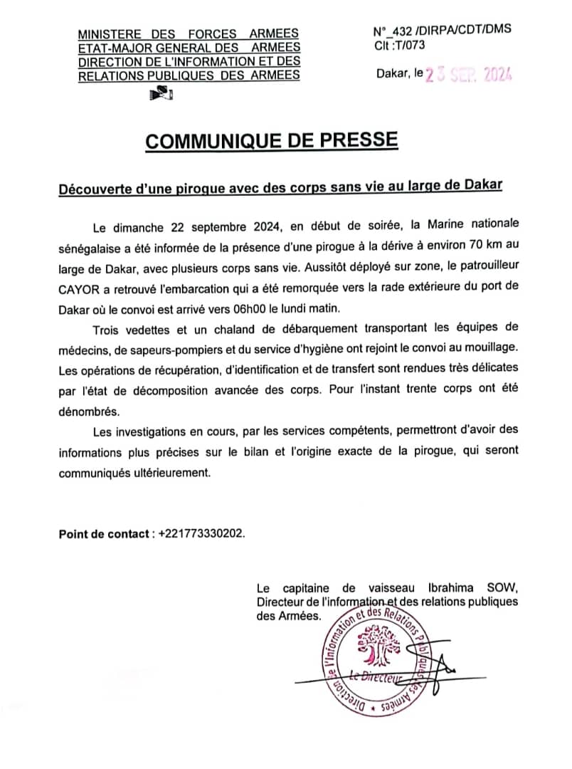 Pirogue avec des cadavres à bord : 30 corps en état de décomposition dénombrés… Les investigations se poursuivent (DIRPA)