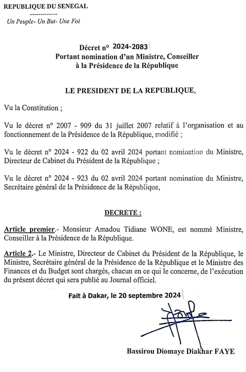 L'ancien ministre Amadou Tidiane Wone nommé ministre, conseiller à la présidence.