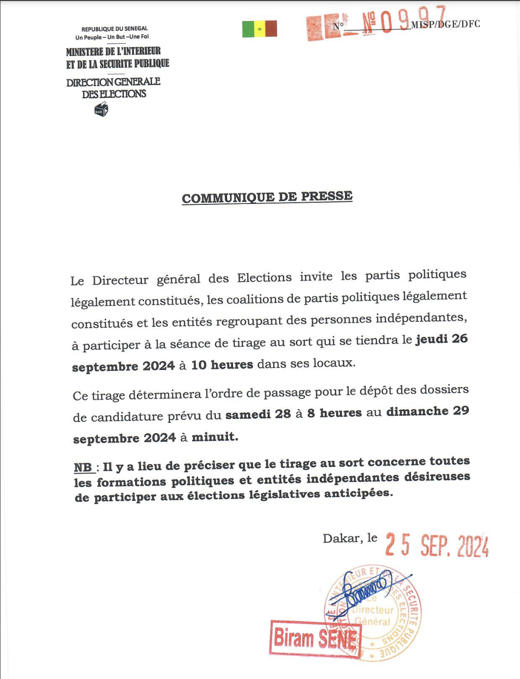 Législatives 2024/ dépôts des dossiers : l’ordre de passage des candidats défini ce jeudi