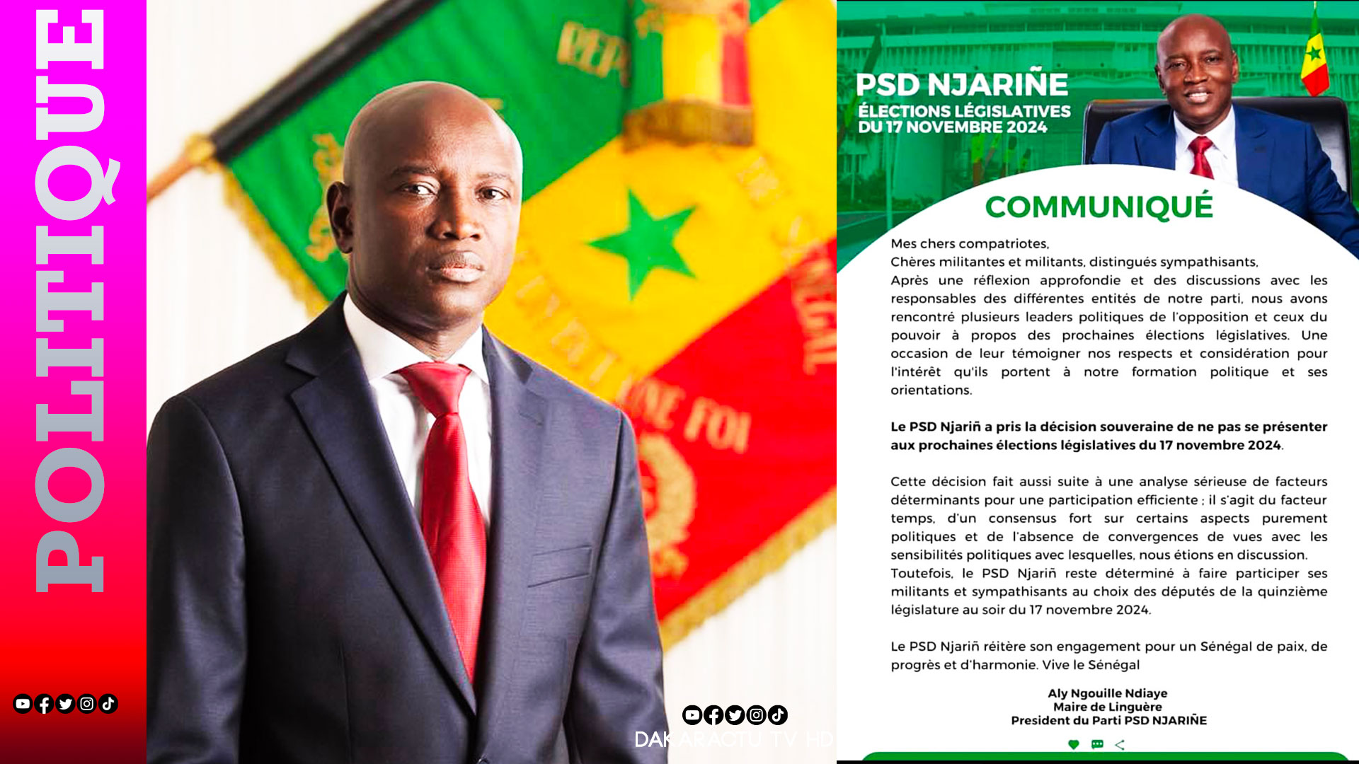 Législatives du 17 novembre 2024: le PSD Njarin de Aly Ngouille Ndiaye pas partant !